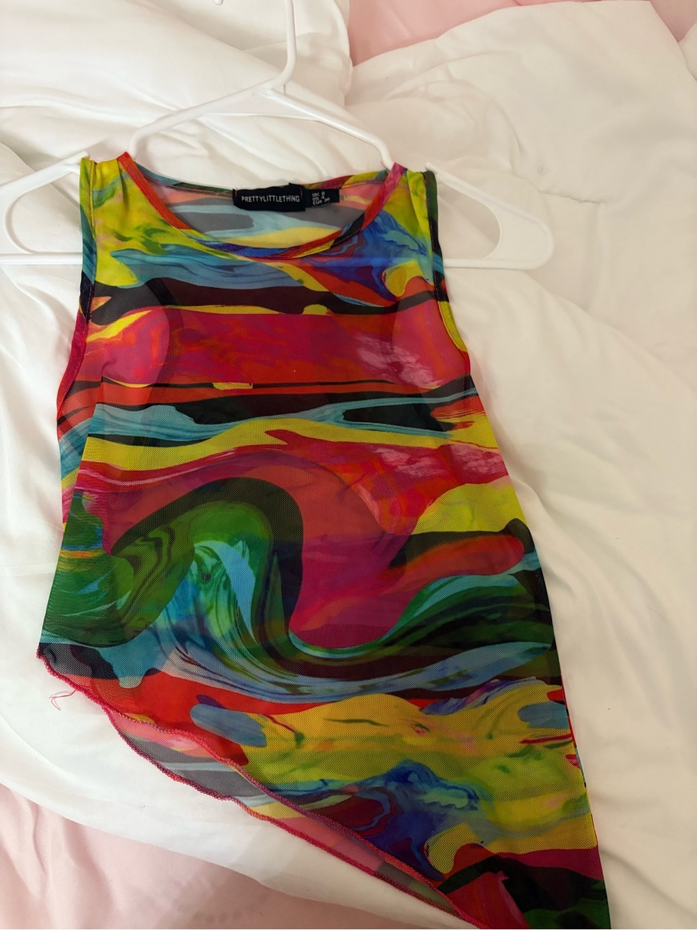 PrettyLittleThing Multicolor Swirl Asymmetric Mesh Tank Top